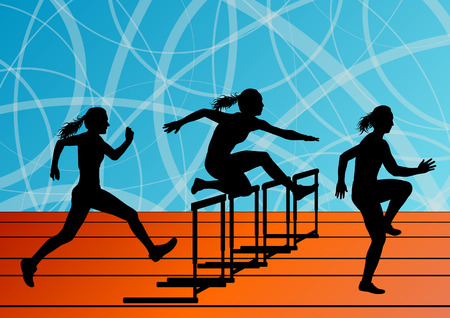 Active women girl sport athletics hurdles barrier running silhouettes illustration background vectorのイラスト素材