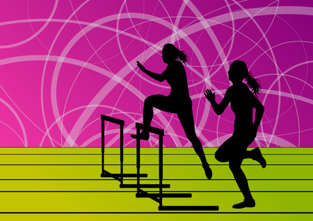 Active women girl sport athletics hurdles barrier running silhouettes illustration background vectorのイラスト素材