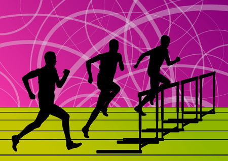 Active men sport athletics hurdles barrier running silhouettes illustration collection background vectorのイラスト素材