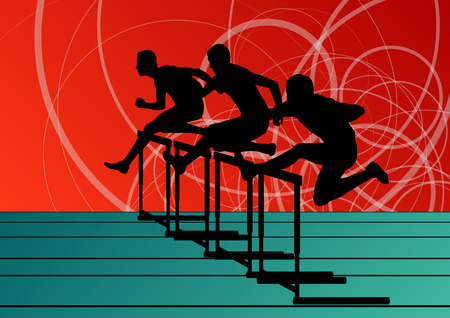 Active men sport athletics hurdles barrier running silhouettes illustration collection background vectorのイラスト素材