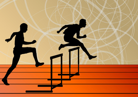 Active men sport athletics hurdles barrier running silhouettes illustration collection background vectorのイラスト素材