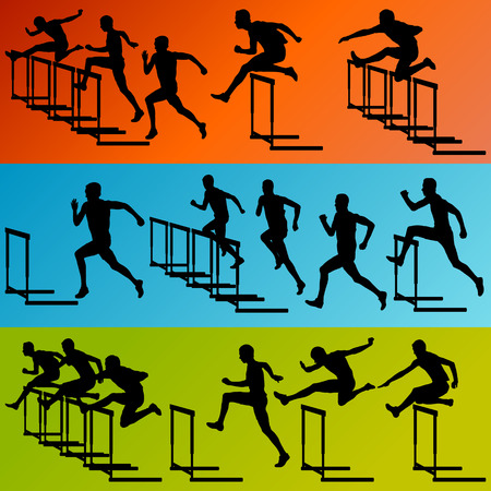 Active men sport athletics hurdles barrier running silhouettes illustration collection background vectorのイラスト素材