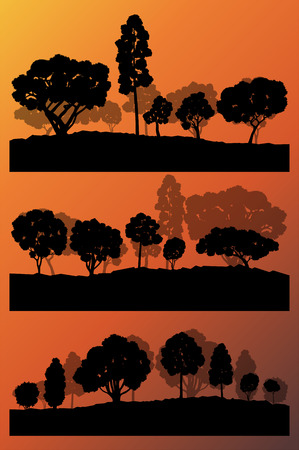 Forest trees silhouettes landscape illustration collection background set vector for posterのイラスト素材
