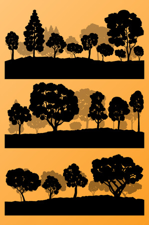 Forest trees silhouettes landscape illustration collection background set vector for posterのイラスト素材