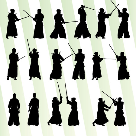 Active japanese Kendo sword martial arts fighters sport silhouettes set vectorのイラスト素材