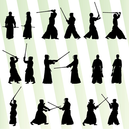 Active japanese Kendo sword martial arts fighters sport silhouettes set vectorのイラスト素材