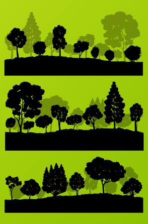 Forest trees silhouettes landscape illustration collection background set vector for posterのイラスト素材
