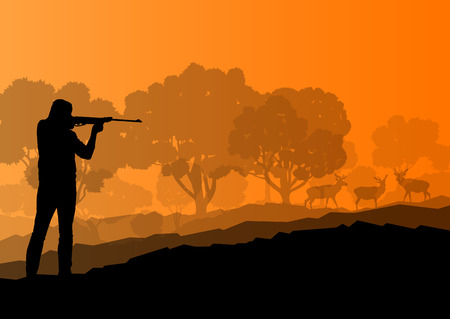 Hunter silhouette background landscape vector concept with forest and deer in it for posterのイラスト素材
