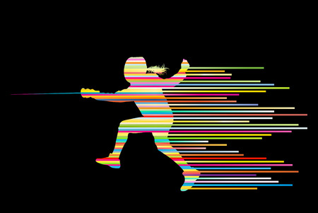 Sword fighters active young woman fencing sport silhouettes vector abstract background illustration made of stripesのイラスト素材