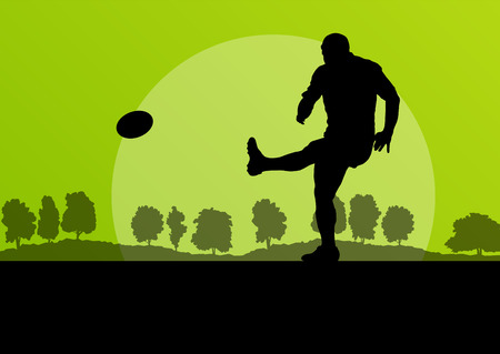 Rugby playing man silhouette in countryside nature background illustration vector for posterのイラスト素材