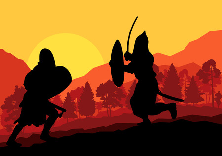 Medieval warrior, crusader vector background landscape conceptのイラスト素材