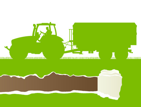 Agriculture tractor with corn trailer in cultivated country grain field landscape background illustration vector ecology concept with ripped paper copy spaceのイラスト素材
