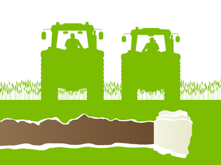Farmers agriculture tractor in cultivated country grain field landscape background illustration vector ecology concept with ripped paper copy spaceのイラスト素材