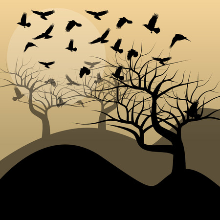 Halloween background vector concept with trees and ravenのイラスト素材