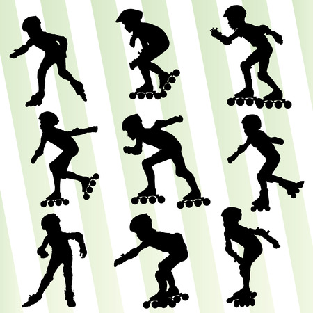 Kid roller skating vector background concept setのイラスト素材