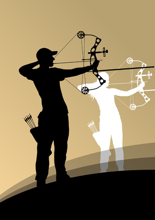 Active young archery sport man and woman silhouettes in abstract background illustration vectorのイラスト素材