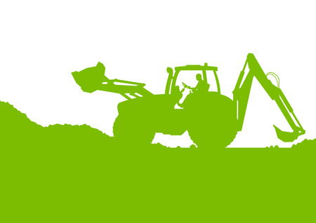 Excavator loader digging at industrial construction site vector background illustration ecology card conceptのイラスト素材