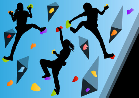 Children rock climber sport athletes climbing wall in abstract silhouettes background illustration vectorのイラスト素材