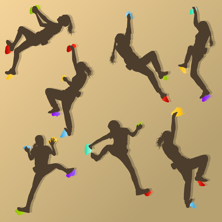 Girl climbing rock wall set vector background concept for posterのイラスト素材