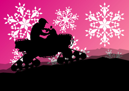 Snowmobile all terrain quad motorbike vehicle rider in wild nature snow and ice landscape background illustrationのイラスト素材