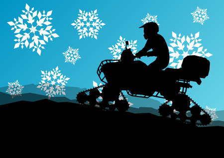 Snowmobile all terrain quad motorbike vehicle rider in wild nature snow and ice landscape background illustrationのイラスト素材