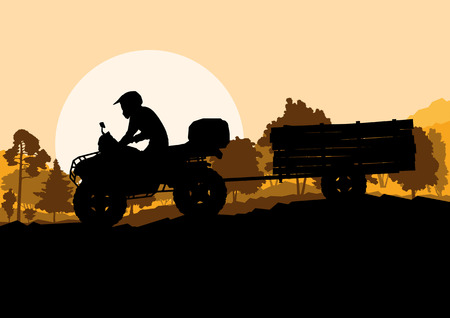 All terrain vehicle quad motorbike rider with wood trailer in wild nature forest mountain landscape background illustration vectorのイラスト素材