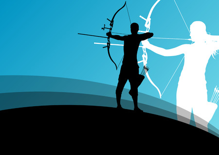 Active young archery sport man and woman silhouettes in abstract background illustration vectorのイラスト素材