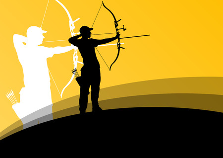 Active young archery sport man and woman silhouettes in abstract background illustration vectorのイラスト素材