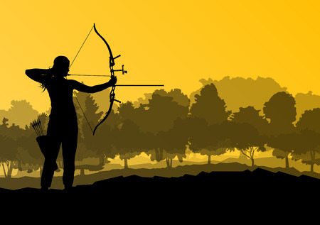 Active archery sport silhouette background vector in natureのイラスト素材