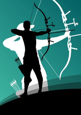 Active young archery sport man and woman silhouettes in abstract background illustration vectorのイラスト素材
