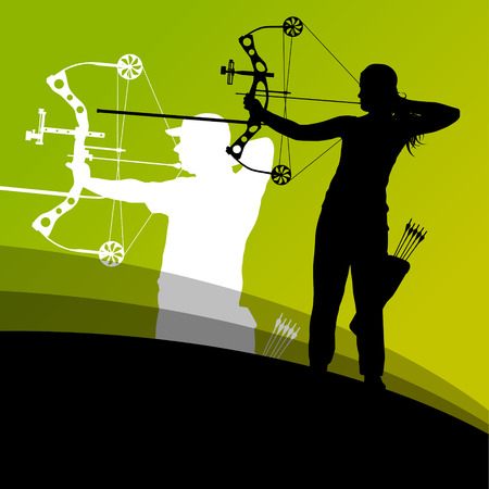 Active young archery sport man and woman silhouettes in abstract background illustration vectorのイラスト素材