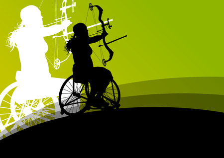Active disabled young women in a wheelchair detailed health care archery sport arrow shooting concept silhouette illustration background vectorのイラスト素材