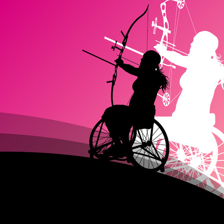 Active disabled young women in a wheelchair detailed health care archery sport arrow shooting concept silhouette illustration background vectorのイラスト素材