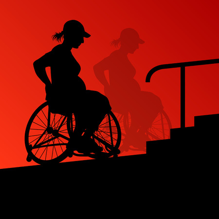 Active disabled young pregnant women in a wheelchair detailed health care stair steps concept silhouette illustration background vectorのイラスト素材