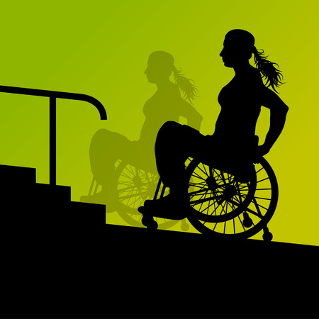 Active disabled young woman in a wheelchair detailed health care stair steps concept silhouette illustration background vectorのイラスト素材