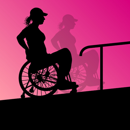 Active disabled young woman in a wheelchair detailed health care stair steps concept silhouette illustration background vectorのイラスト素材