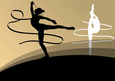 Active young girl gymnasts silhouettes in acrobatics flying ribbon abstract background illustration vectorのイラスト素材