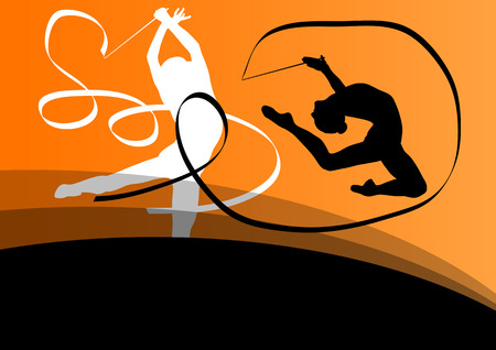 Active young girl gymnasts silhouettes in acrobatics flying ribbon abstract background illustration vectorのイラスト素材