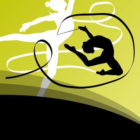 Active young girl gymnasts silhouettes in acrobatics flying ribbon abstract background illustration vectorのイラスト素材