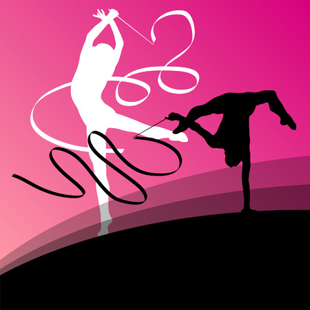 Active young girl gymnasts silhouettes in acrobatics flying ribbon abstract background illustration vectorのイラスト素材