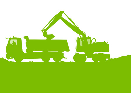 Excavator loader tractor digging at industrial construction site vector backgroundのイラスト素材