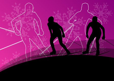 Active young men skiing sport silhouettes のイラスト素材