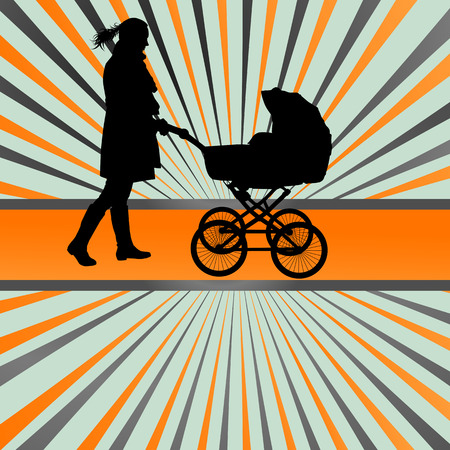 Mother with baby carriage vector background concept for posterのイラスト素材