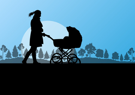 Mother with baby pram outdoor vector ecology background conceptのイラスト素材