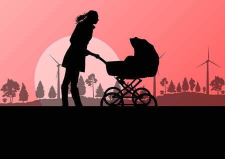 Mother with baby pram outdoor vector ecology background conceptのイラスト素材