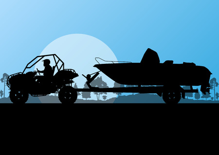Yacht boat trailer vector background landscape with all terrain vehicle for posterのイラスト素材