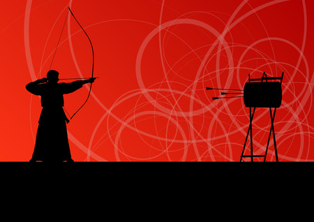 Active japanese kendo sport kyudo archer martial arts fighter bow silhouette abstract illustration background vectorのイラスト素材