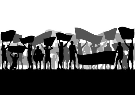 Protesters angry people crowd with posters and flags in abstract riot landscape background illustrationのイラスト素材