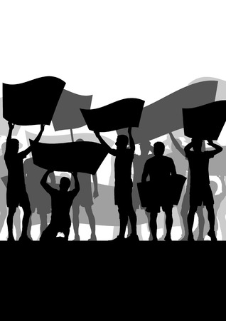 Protesters angry people crowd with posters and flags in abstract riot landscape background illustrationのイラスト素材