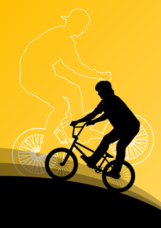 Extreme cyclists bicycle riders active children sport silhouettes vector background illustrationのイラスト素材